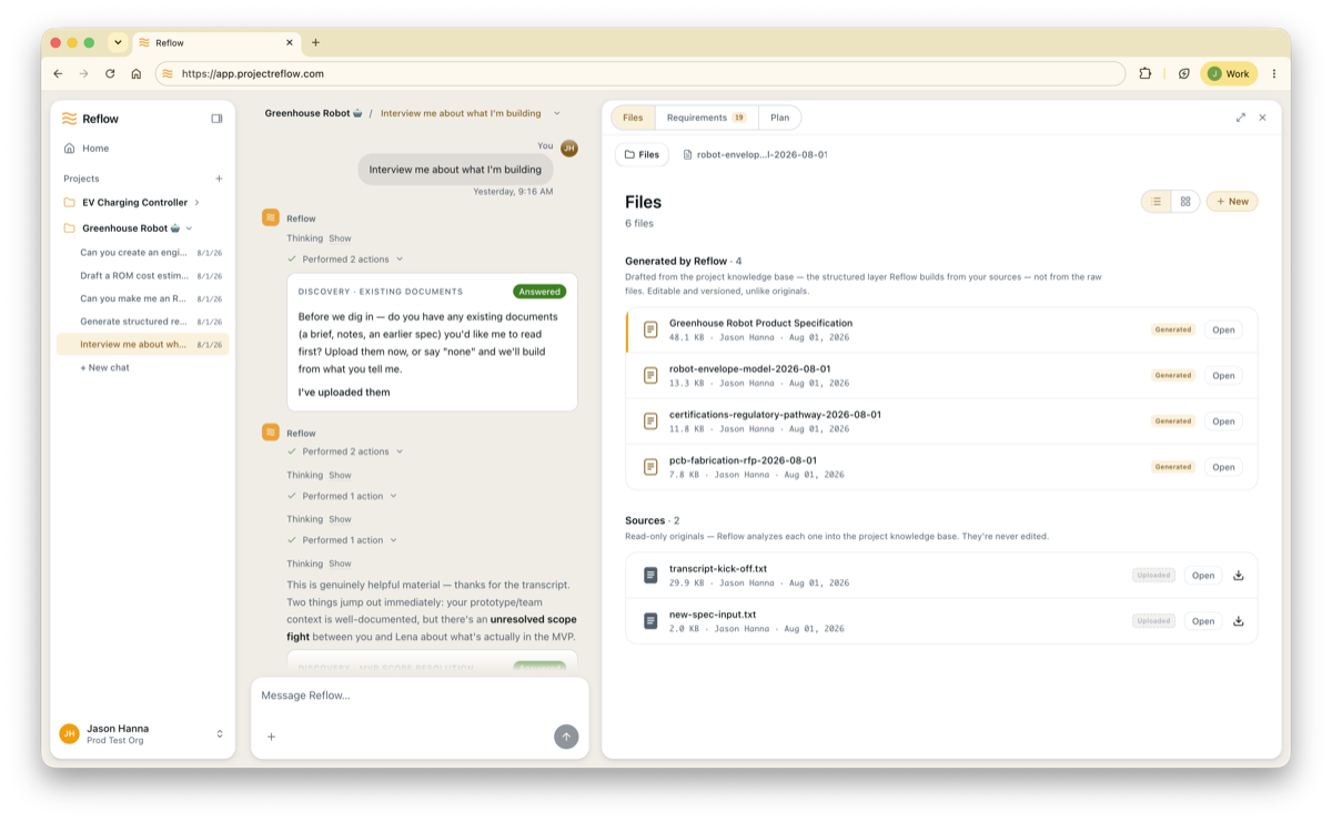 The Reflow workspace: a project conversation in the centre, with generated files, requirements, and plan tabs alongside it.